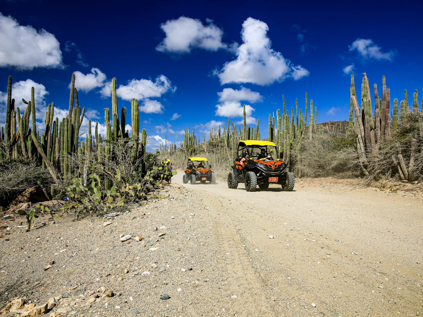 a truck driving down a dirt road