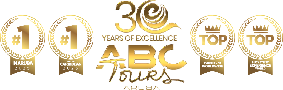 Four gold award badges for ABC Tours Aruba's 30 years of excellence.
