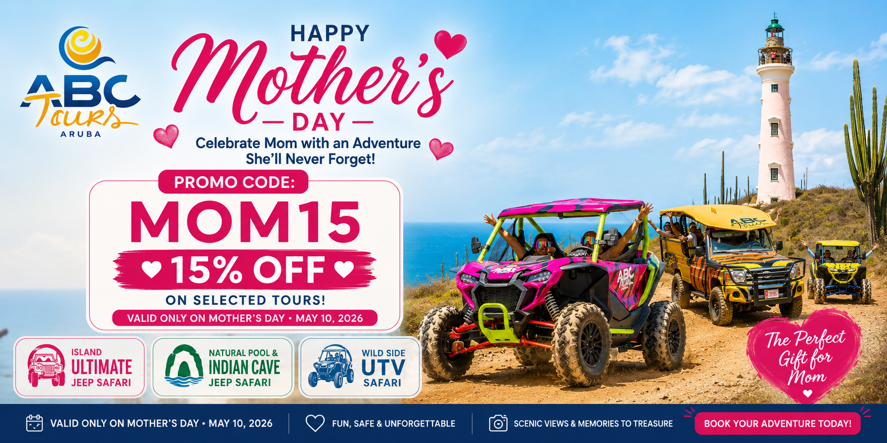 Mother's Day adventure promo featuring off-road vehicles near a lighthouse with promo code and discount info.