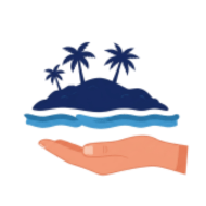 Hand holding island with palm trees above waves.