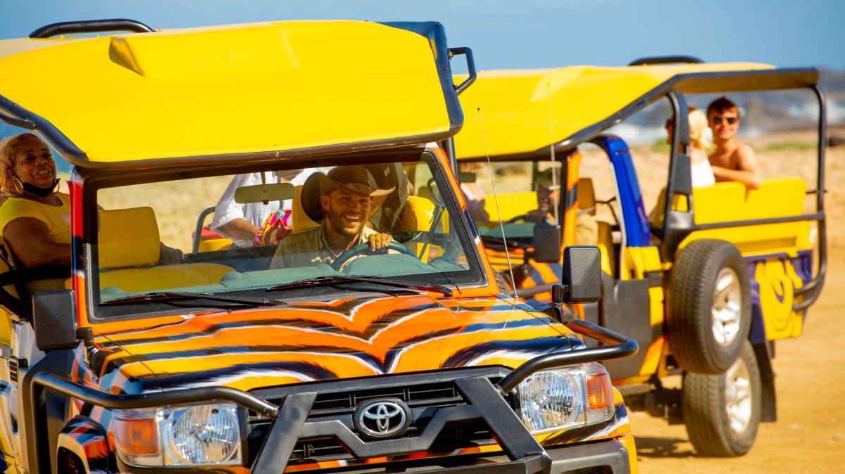 Tourists in colorful safari vehicles on a sunny day.