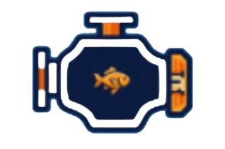 Stylized orange fish on dark background in graphic emblem.