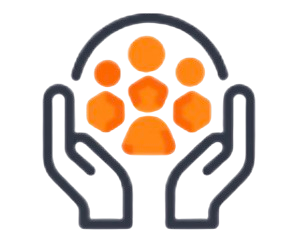 Two hands surrounding orange abstract people icons.