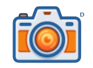 Illustrated orange and white camera icon with blue outline.