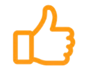 Orange thumbs up icon outline on white background.